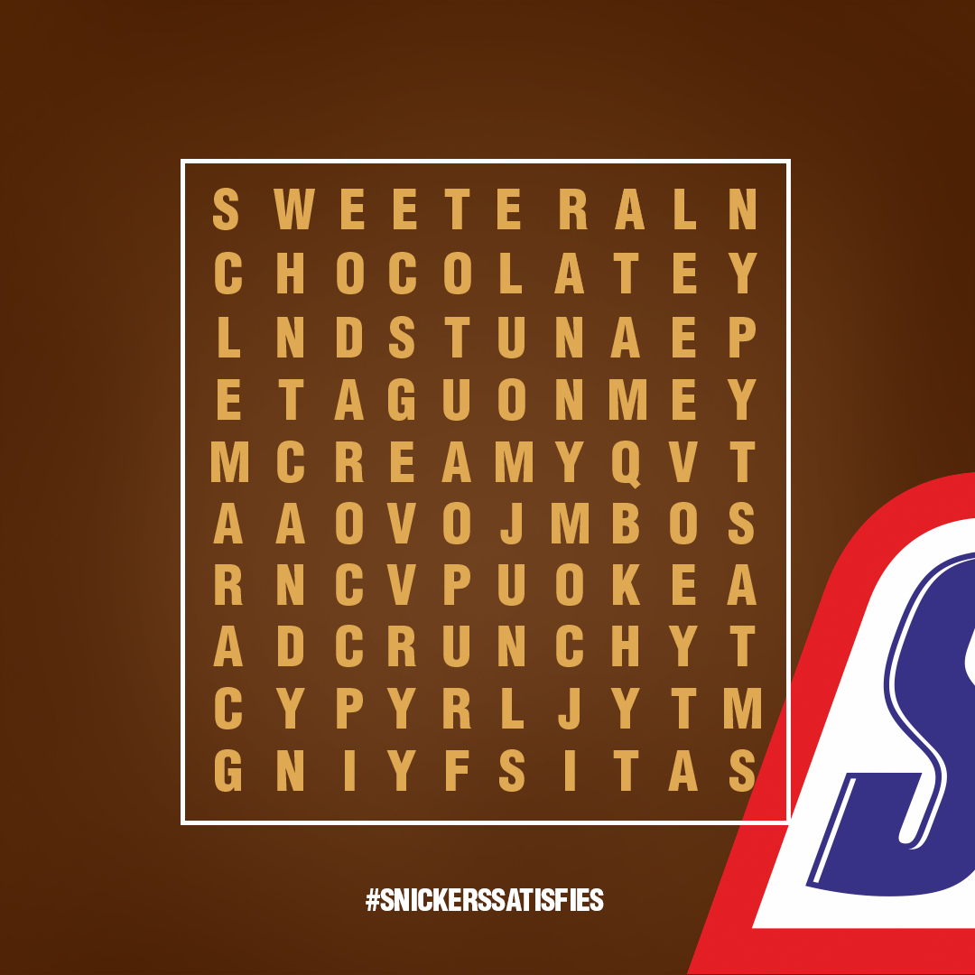 SnickersNigeria's tweet photo. Find 5 hidden words and win nothing but total satisfaction.

#wordsearch #YouAreNotYouWhenYouAreHungry #grabASnickers #SnickersNigeria #snickerssatisfies #nut #no1chocolate https://t.co/utTtNBF5bS
