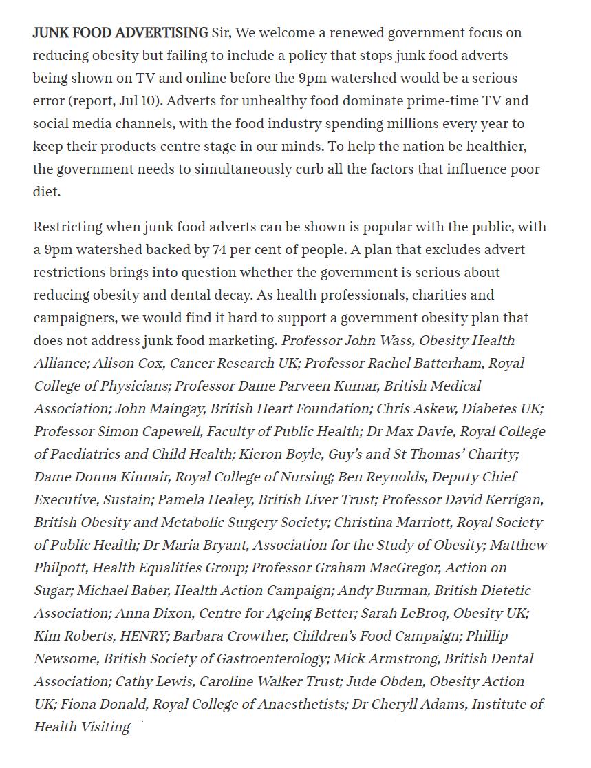 OHA_updates's tweet photo. Today CEOs &amp; Directors of 30 leading health and medical organisations have signed a letter to @thetimes about reported plans to drop a 9pm watershed on junk food adverts from the new obesity drive, questioning whether @BorisJohnson is really serious about addressing #obesity https://t.co/SvvKvrs8N2