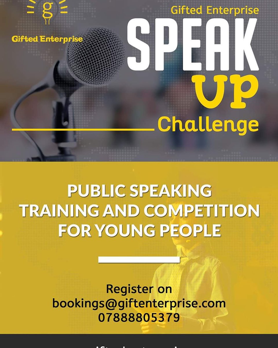 teens_training's tweet photo. ***NEWS FLASH ****
ATTENTION ALL STUDENTS Already participating in the training. The winner of the Speak Up Challenge gets £200 prize. 
Gifted Enterprise  -Youths https://t.co/TfxQMb798o