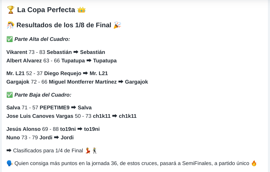 MisterFantasyES's tweet photo. 📢 Ya tenemos Cuartos en #LaCopaPerfecta 🏆 con 
@JornadaPerfecta
 
🎁 El Campeón se lleva una camiseta de su equipo favorito 🎽🎀

#MisterFantasy ⚽

🔥 Entérate de los Cruces: https://t.co/RpYRtQrU9P
