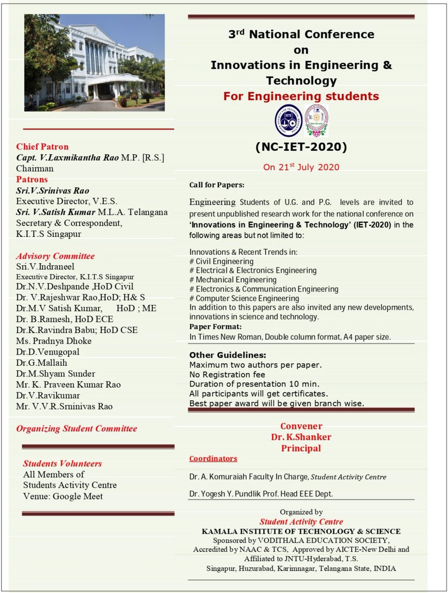 Kamala Institute Of Technology Science 𝑰𝒏𝒏𝒐𝒗𝒂𝒕𝒊𝒐𝒏𝒔 𝒊𝒏 𝑬𝒏𝒈𝒊𝒏𝒆𝒆𝒓𝒊𝒏𝒈 𝑻𝒆𝒄𝒉𝒏𝒐𝒍𝒐𝒈𝒚 Online Students Conference Date 21 07 Venue Google Meet Registration Link T Co