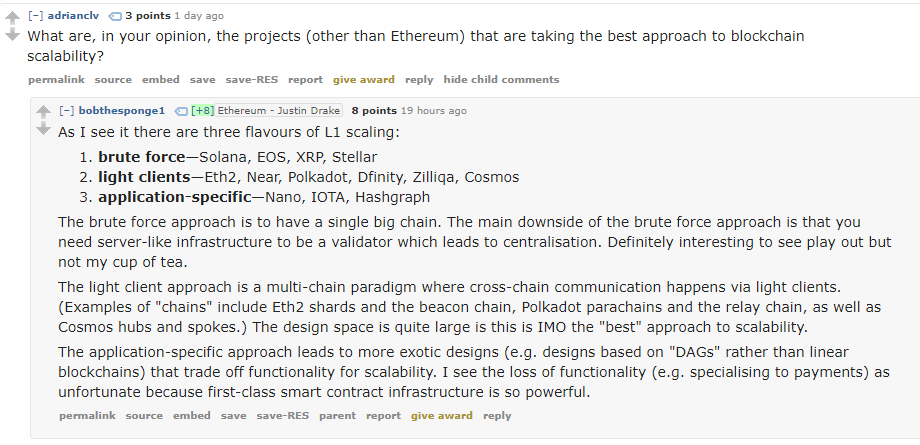 23/ What other projects are taking the best approach to blockchain scalability? https://old.reddit.com/r/ethereum/comments/ho2zpt/ama_we_are_the_efs_eth_20_research_team_pt_4_10/fxg1f9p/