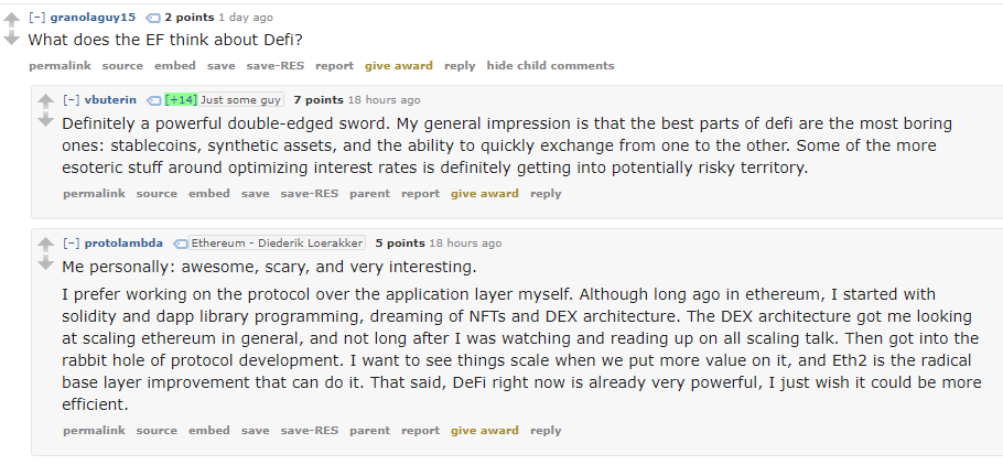 24/ What does the EF think about DeFi? https://old.reddit.com/r/ethereum/comments/ho2zpt/ama_we_are_the_efs_eth_20_research_team_pt_4_10/fxhf6im/