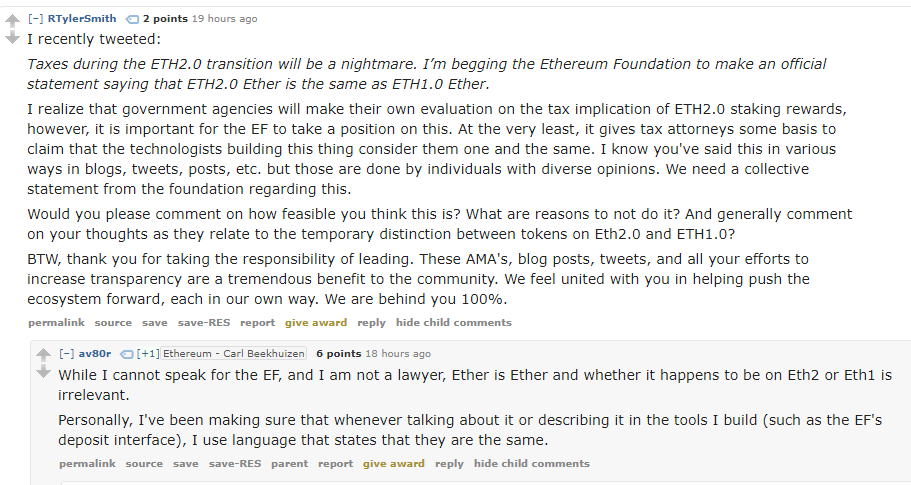 25/ Tax treatment between eth1 and eth2.Aaaand I've hit the tweet thread limit - hope you enjoyed the recap :) https://old.reddit.com/r/ethereum/comments/ho2zpt/ama_we_are_the_efs_eth_20_research_team_pt_4_10/fxj2rxd/