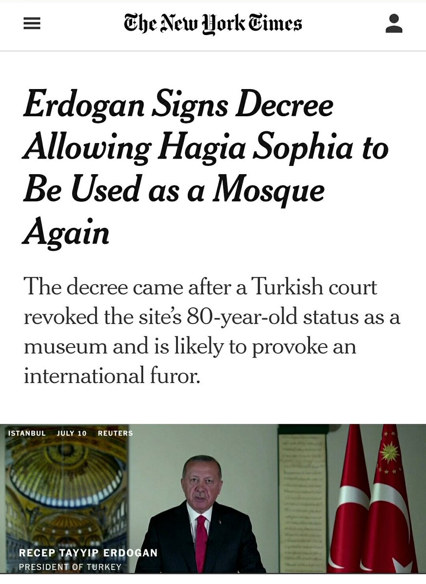 आंतरराष्ट्रिय दबावाला न जुमानता तुर्कीचे राष्ट्राध्यक्ष एर्दोगाननी हागिया सोफिया(आया सोफिया) संग्रहालयाचे मशिदीत रूपांतर करण्याची घोषणा केली.तुर्कीच्या सुप्रीम कोर्टाच्या अंतिम निर्णयानंतर आता ८६ वर्षांनंतर पुन्हा एकदा २४जुलैला मुस्लिम बांधव तिथे प्रार्थना करणार आहेत #IRMarathi