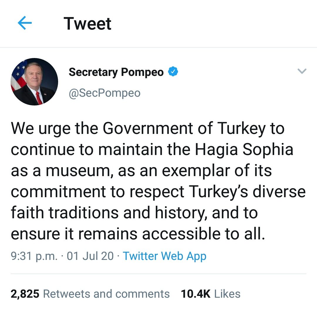 ग्रीसच्या पंप्रंनी या घटनेचा तीव्र निषेध केला. US SOS पोम्पेई यांनीही १०दिवसापुर्वी संग्रहालयाचा दर्जा तसाच टिकून रहावा या आशयाची प्रतिक्रीया दिली होती. रशियाकडुन सौम्य प्रतिक्रीया आली. या निर्णयामुळे इस्लाम-ख्रिश्चनांमध्ये तणाव निर्माण होऊ नये अशी आशा जगभरातून व्यक्त केली जातेय.