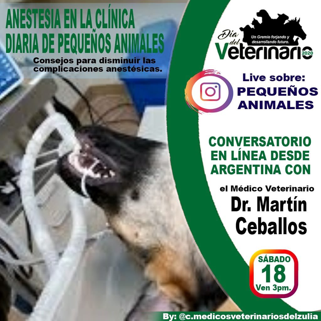 Este proximo Sábado 18 de Julio. Desde ARGENTINA en el área de Pequeños Animales. Tendremos el honor de recibir via LIVE al Dr. Martín Ceballos. Con el tema:  Anestesia en la clínica diaria de pequeños animales. Consejos para disminuir las complicaciones anestésicas. 5pm.