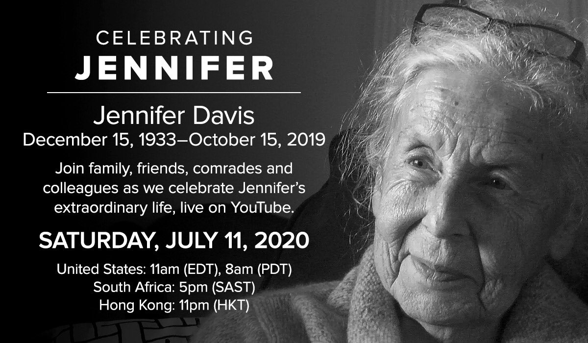 green_pippa's tweet photo. Online memorial service for #JenniferDavis - the quiet leader of the anti-apartheid movement in the US through the 70s and 80s. Today on YouTube 5pm SA time @UrdangUrdang https://t.co/6Ar3bUMDi5