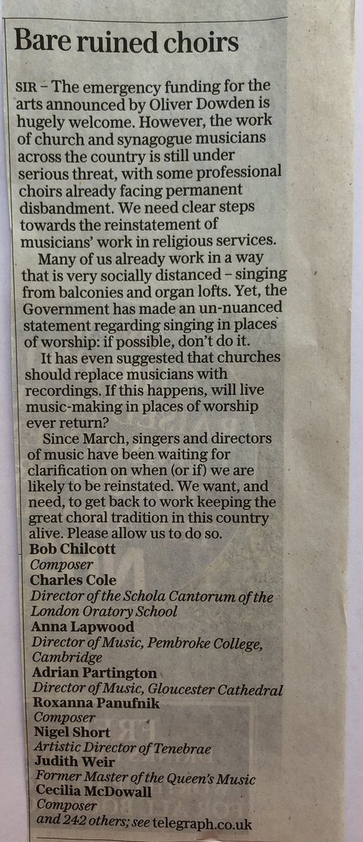This letter in today’s Telegraph, actually written by Emily Wenman, highlights the plight of church musicians all over the country. Please share this as far and wide as you can. -bc