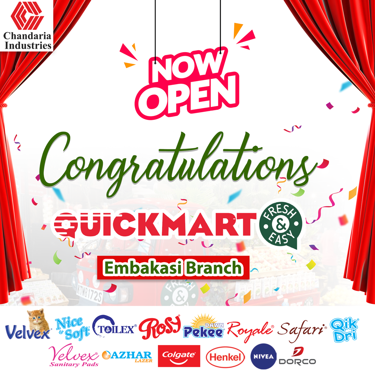 ChandariaKenya's tweet photo. Congratulations @QuickmartKenya on the launch of your 33rd branch in Embakasi! Pass by to get your favourite tissue and hygiene products! @Velvex_KE @NiceandSoftKe @toilextissueske @rosytissueske @dawnpekeeKE #QuickmartEmbakasi https://t.co/2HjYNbJjtL