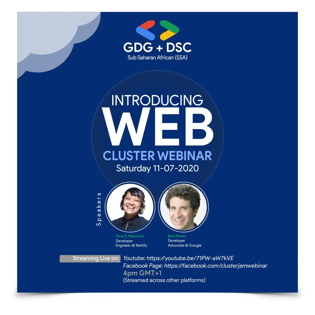 gdgikorodu's tweet photo. Join us live on Youtube in a few hours time for WEB CLUSTER WEBINAR.
Use the link below to join the live event and subscribe as well.

JOIN LIVE STREAMING HERE:
https://t.co/p5AzGSmEWx
Time: 4 PM WAT (+1 GMT).
#webcluster #webclusterjam #clusterjam https://t.co/4A0Thkjosr