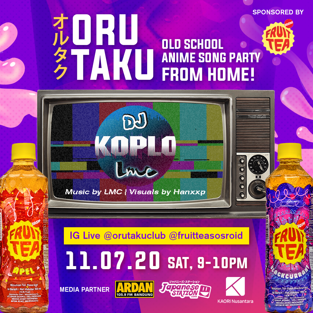 JapaneseStation's tweet photo. Penasaran OST Anime 90an diremix ala dangdut koplo jadinya kayak apa?
Yukk nonton dan karaokean bareng di Instagram Live @orutakuclub and
@fruitteasosroID !
Sabtu, 11 July 2020
9 PM
DJ Set by #LMCproject @lingga_hamzah
Visuals by
@hanxxp_
#OrutakuFromHome #FruitTeaxOrutaku https://t.co/fObURBYflA