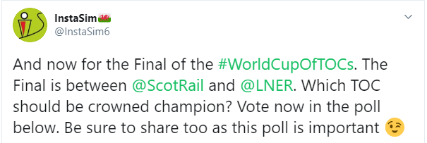 InstaSim6's tweet photo. @every_station @ScotRail @LNER Somehow the final of #TOPTOC has turned out exactly like the final of #WorldCupOfTOCs 😂😂
This is going to be very interesting 😉 https://t.co/jqigBlTFMz