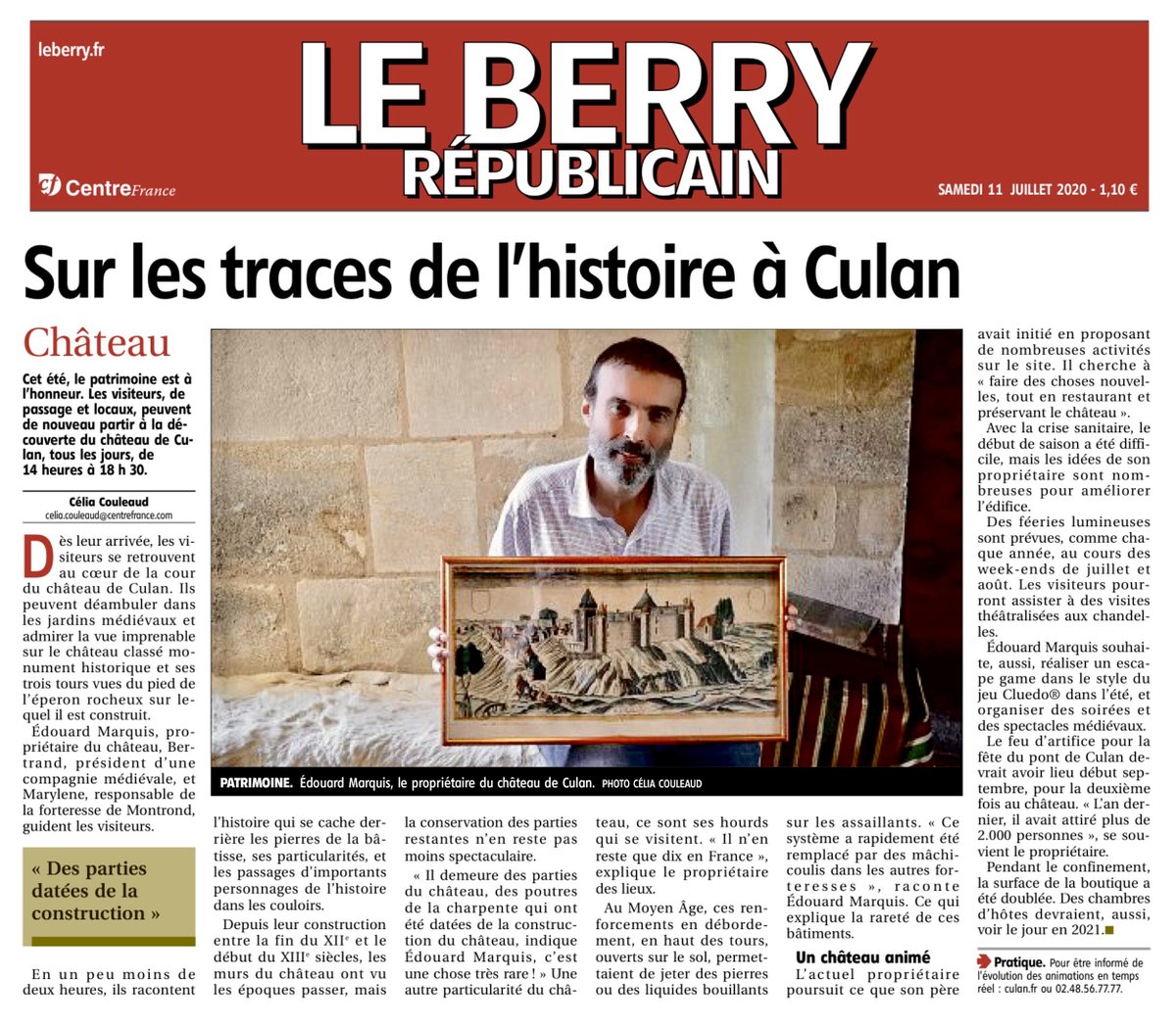 ChateauCulan's tweet photo. Bel article ce matin sur le @ChateauCulan dans le Berry Républicain (et les autres journaux de Centre France). Merci ! https://t.co/iHtjnaqPns