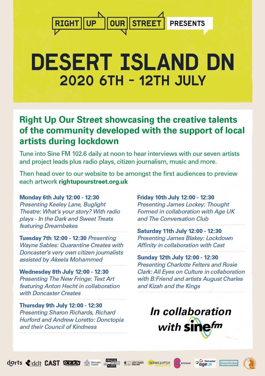 RightUpRStreet's tweet photo. Today at noon on @sinefm @jamesblakey will be talking about #lockdownaffinity check it out!
As part of our week long
βοΈπ#DesertislandDN βοΈπ
Then head over to
https://t.co/zpqlZ9y5UW to see the project on our website!
#doncasterisgreat https://t.co/LFK7wxmp8t