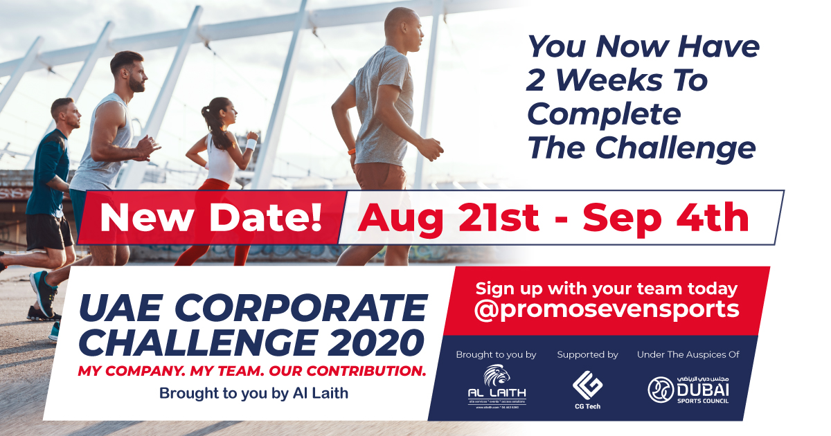 UaeCorporate's tweet photo. Hello teams, new update!➡️You now have two weeks to complete the Challenge. We want to give everyone the time to prepare and complete the event.

Get your team together and Be the champions of @UaeCorporate🥇Aug 21-Sept 4, 2020

Link in bio!☝️@DubaiSC 

#uaecorporatechallenge2020 https://t.co/RVk0zhTgQL