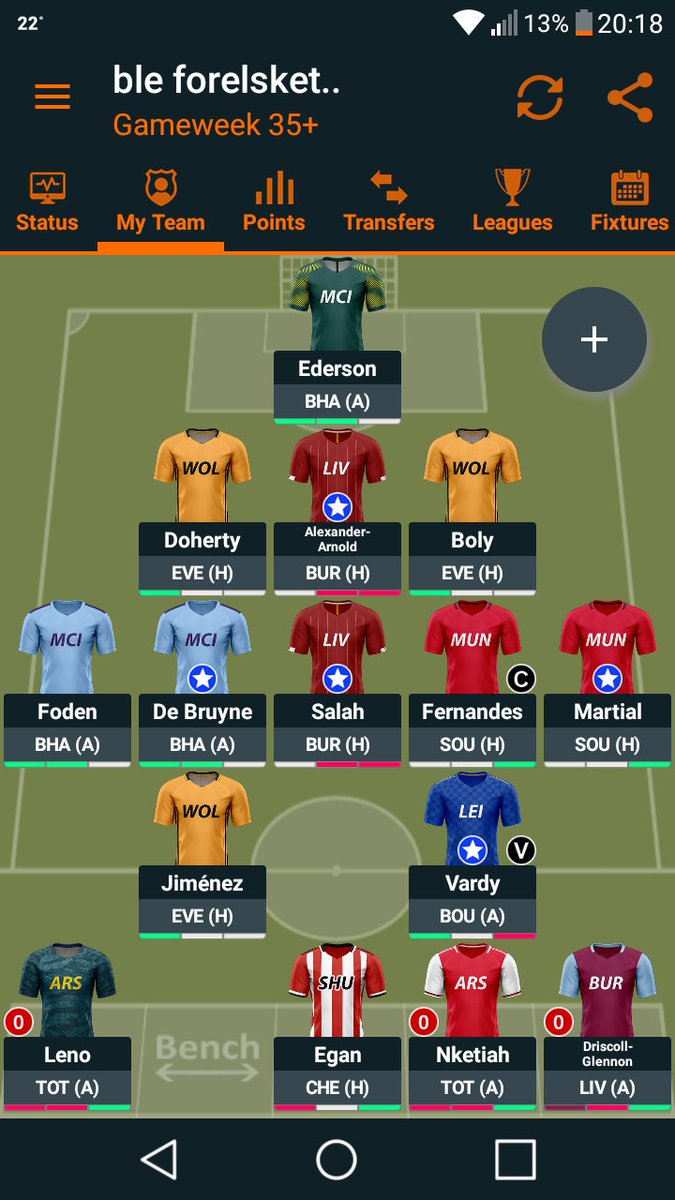 LangeSchlange92's tweet photo. Not trying to invent a wheel here, so captaining the most in-form player of the PL. Vardy IN for Rashford this week. 0.0 ITB. Current rank is 122k. Hoping to get into 100k but FPL gods keep spitting on my dreams and plans, lol.. Good luck all 🍀 #FPL #GW35 #ThatBenchThough https://t.co/qnCHQ9vs7h