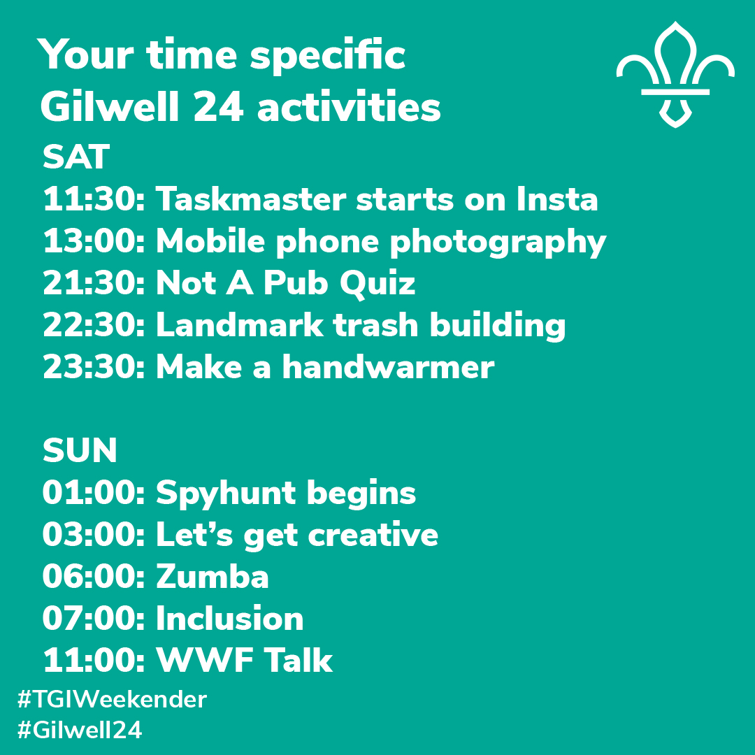gilwell24's tweet photo. Who's ready for Gilwell 24 at #TGIWeekender? Let us know where you are joining from and what you're looking forward to! All relevant links you need can be found here: https://t.co/dKIwghzHSa https://t.co/3C6WAwdkeY