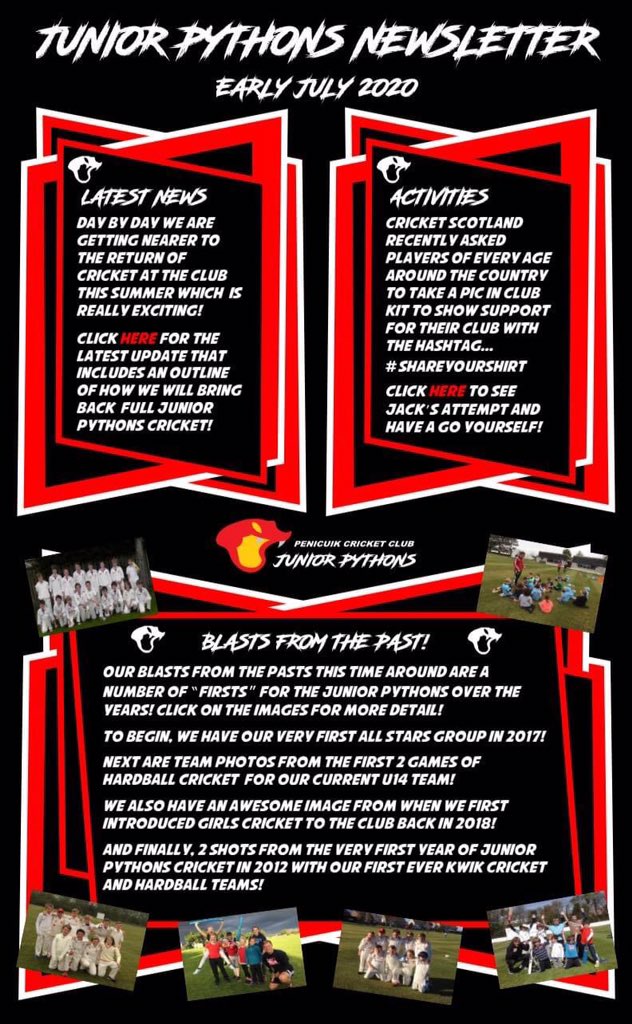 juniorpythons's tweet photo. Our latest interactive newsletter is here!

‼️ Updated Return to Cricket plan
📲 “Share Your Shirt”
🐍 More Junior Pythons memories
🎥 Special 1st XI Video
🏏 New Coaching Tip
💻 Details of our 2nd Zoom Cricket session

Have a look here! https://t.co/v7gJWQi4Mp

#pythons 🐍🐍🏏🏏 https://t.co/sdkShUn0bk