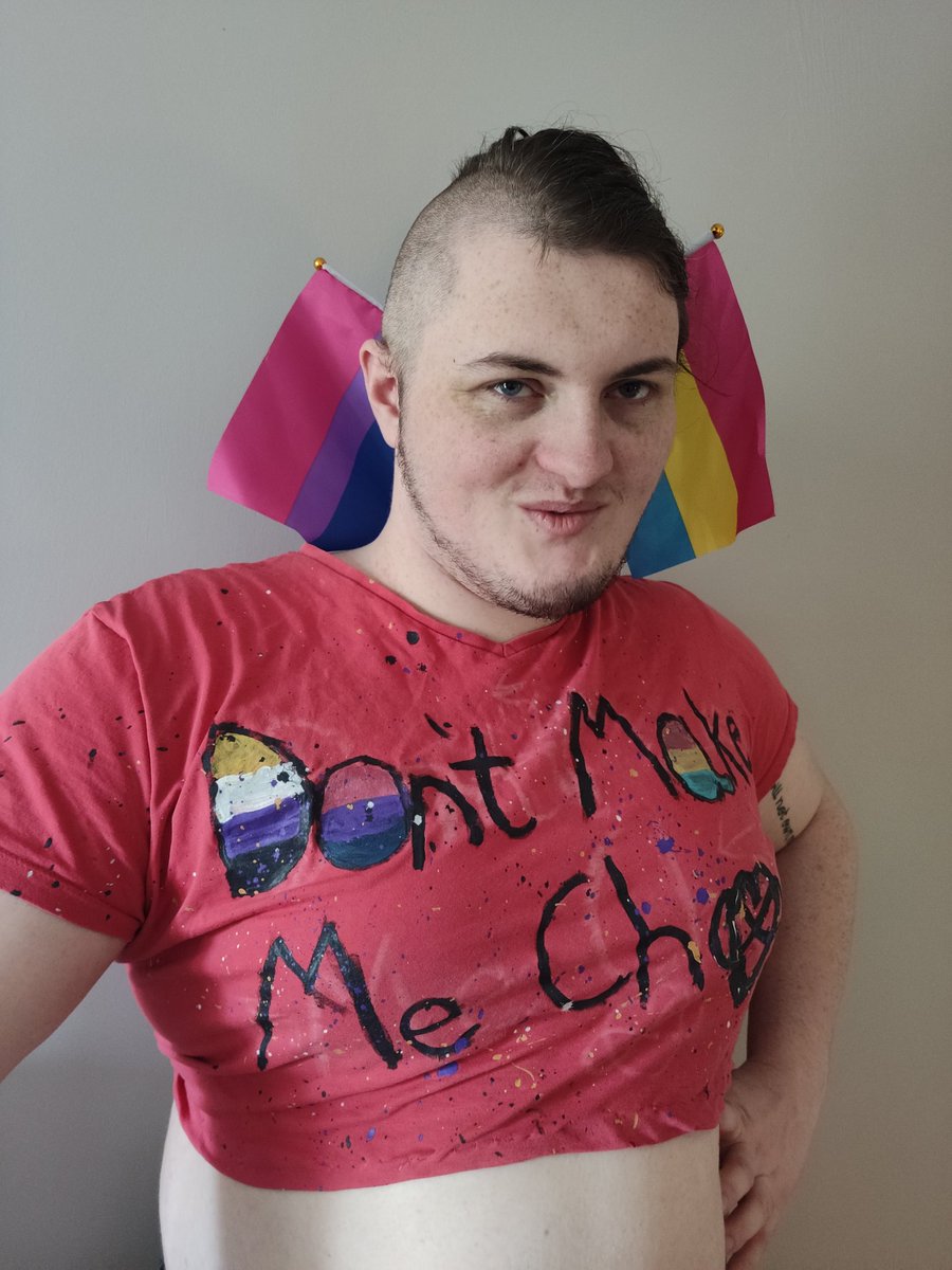 _Biconography's tweet photo. "I use crafts to unwind during lockdown, I love my hand painted crop tops which show off my identity and my belly. This one has bi, pan, NB and poly symbols incorporated in the slogan. In case it was too subtle I also used mini bi and pan flags as hairpins." ❤️💜💙 #biconography https://t.co/oTzAIDlxqH