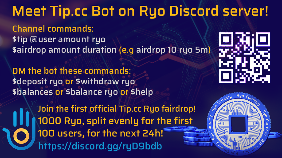 RyocurrencyO's tweet image. 1. Join #ryocurrency Discord server and channel #tip-bot
2. Navigate to pinned message
3. React with 🎉to participate in airdrop!

More?

Create a tweet with this pic, @tag 1 crypto friend and send the tweet link in #tip-bot channel to claim 25 Ryo (6 left)