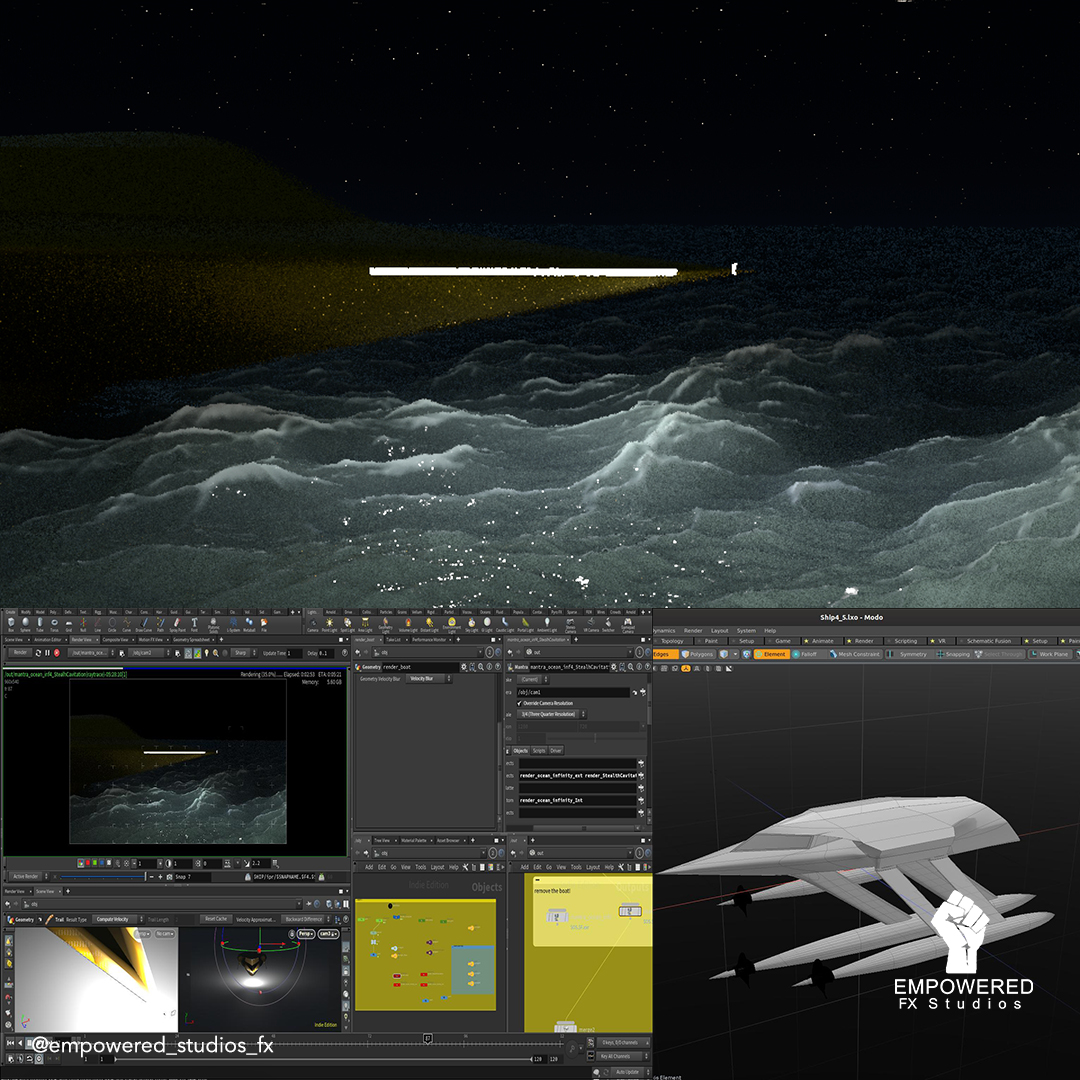 PierreJamesM's tweet photo. That's our #supercavitation ship we're creating in 3D and real life scale models!  This shot in Houdini still needs way better lighting and a high speed wake with white water, mist, spray&amp; more

#sidefxhoudini #actionmovie #scifimovie #scalemodels #practical #3d #vfx #3dmodelling https://t.co/MdtDYZjrME