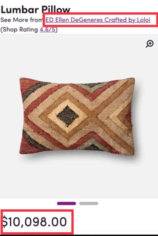 scryingagain's tweet photo. Here are the same pillows but the left shows the real price and the wayfair ones are 10,000.. 🤔
Also why is it a Ellen DeGeneres pillow and her studio looks like Epstein island? https://t.co/uJSbmb6By8
