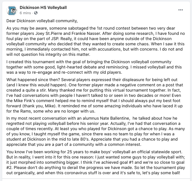 JDSVolleyball's tweet photo. A statement on FB from Coach Lee regarding #ramGATE. Please read. https://t.co/WLrT60cJPE