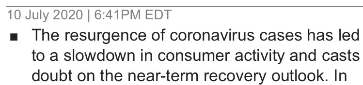 Neil Dutta of  @RenMacLLC pointed out in a note to clients a number of indicators that are looking worse. Goldman Sachs has lowered its GDP estimates. JPMorgan has warned of slowing spending. Wall Street is increasingly worried. The problem is the resurgent virus. From Goldman.