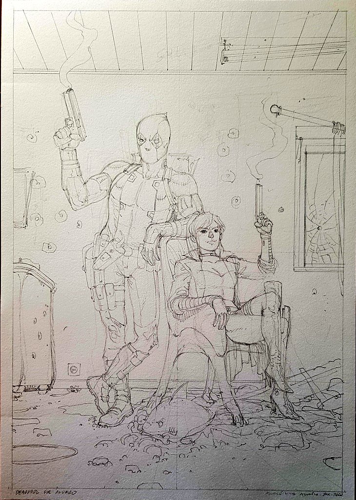 New commission in the works: Deadpool, Elsa Bloodstone and Jeff The Land Shark.