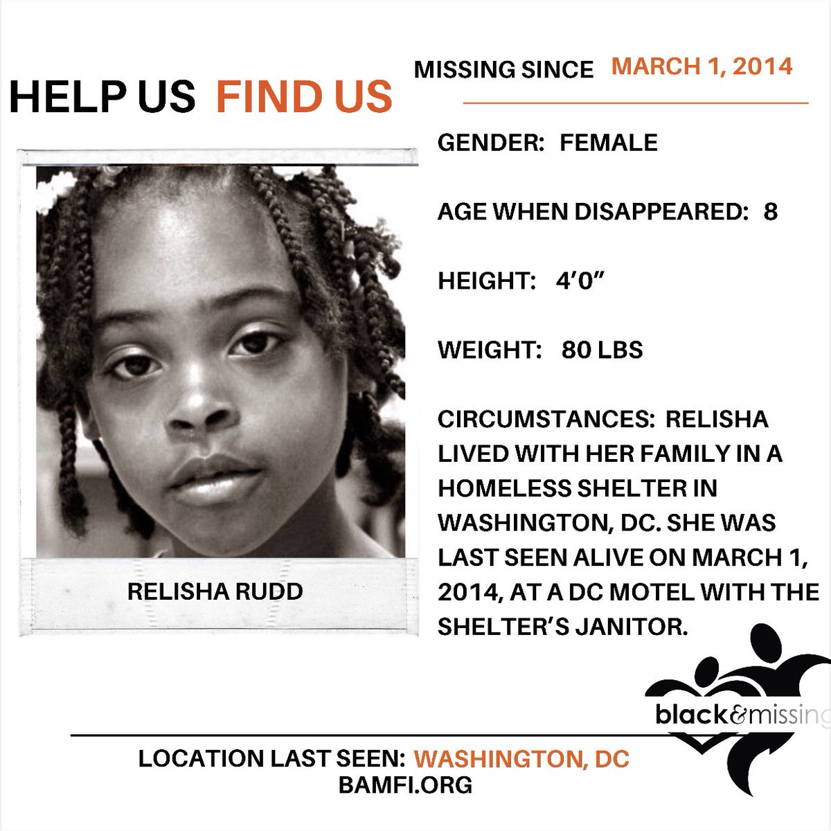 BAM_FI's tweet photo. Today is Relisha Rudd Remembrance Day!

We will never stop searching for you. 

#HelpUsFindRelishaRudd #RelishaRudd #DMV #BAMFI https://t.co/nzUsU2Hc3k