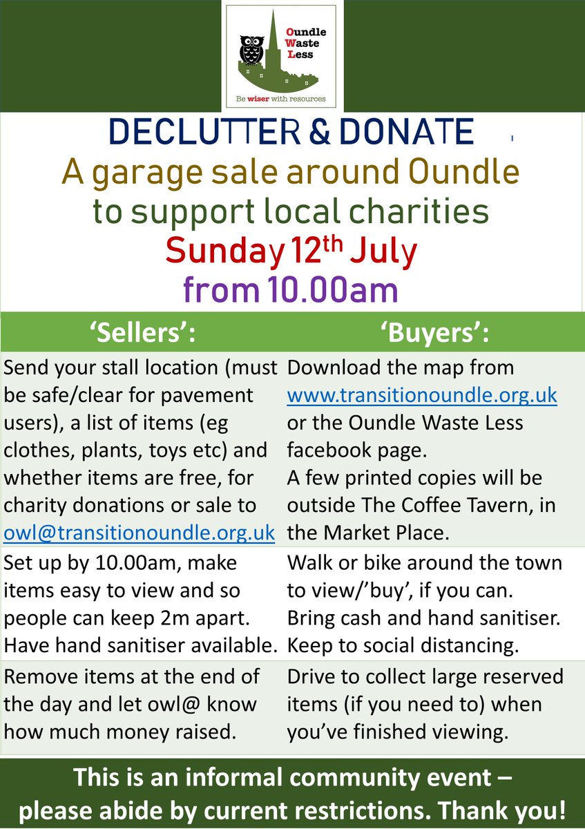 Weather looks good for DECLUTTER event tomorrow 12th Jul. Download the stall location and stall contents summary here transitionoundle.org.uk/images/OWL/De-….  Please observe social distancing!