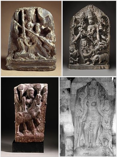 Mahishasuramardini artwork.Clockwise - 9th century Kashmir, 13th century Karnataka, 9th century Prambanan, 2nd century Uttar Pradesh.