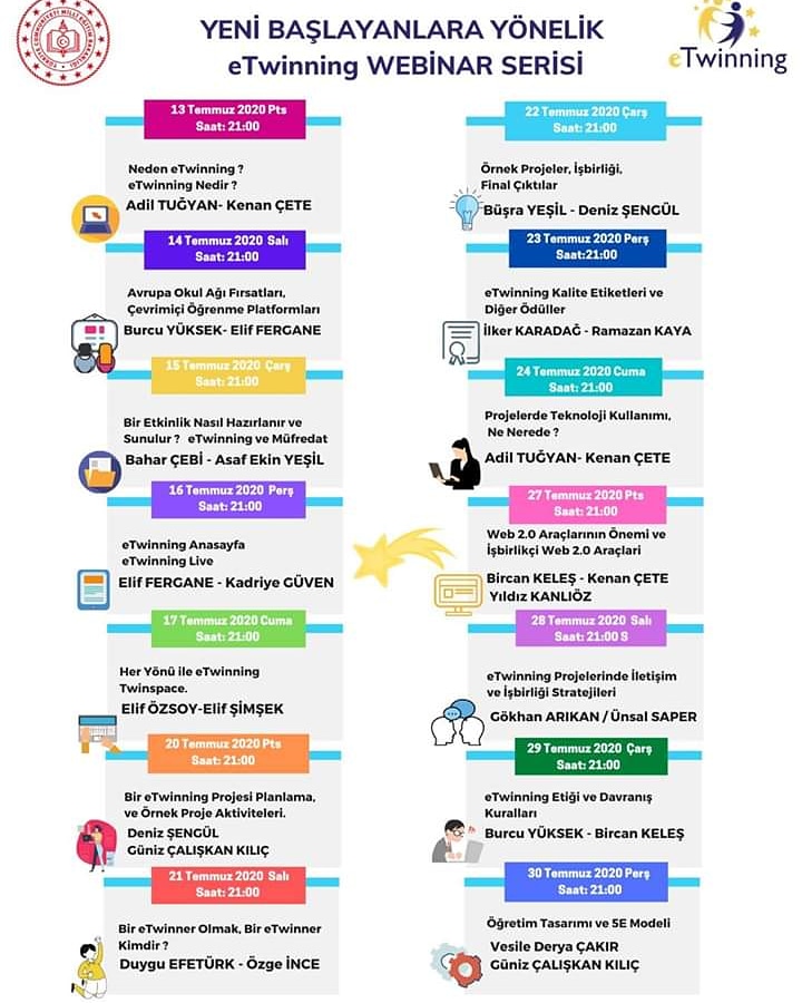 📣eTwinning Türkiye Ulusal Destek Servisi'nden Duyuru 📣

📣Yeni Başlayanlar için eTwinning Meslekî Gelişim Webinarları Başlıyor.
<a href="/ziyaselcuk/">Ziya Selçuk</a> <a href="/adnanboyaci/">Adnan BOYACI</a> @mhbucuk
<a href="/tretwinning/">eTwinning Türkiye</a> <a href="/mfatihdoger/">Mehmet Fatih Döğer</a> <a href="/turangore/">Turan GÖRE</a>

🗓13 -29 Temmuz 2020
⏰21.00
📡 tretwinning.adobe.com/yeni