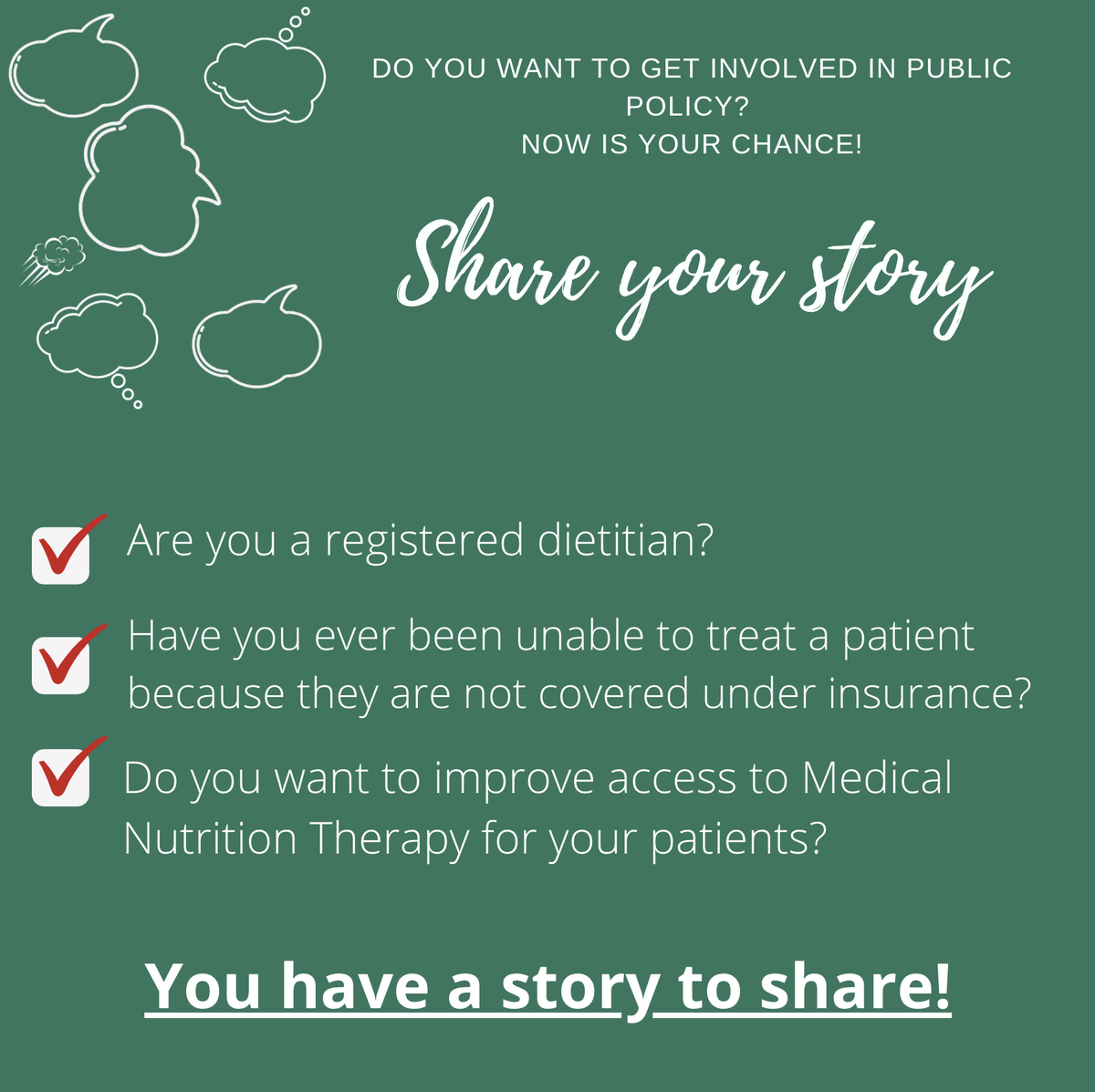 Are you interested in getting involved in public policy? Share your story to help advance important legislation! We want to highlight the impact of medical nutrition therapy in treating and preventing diseases. Learn more and share your story here eatrightpro.org/action-center?…