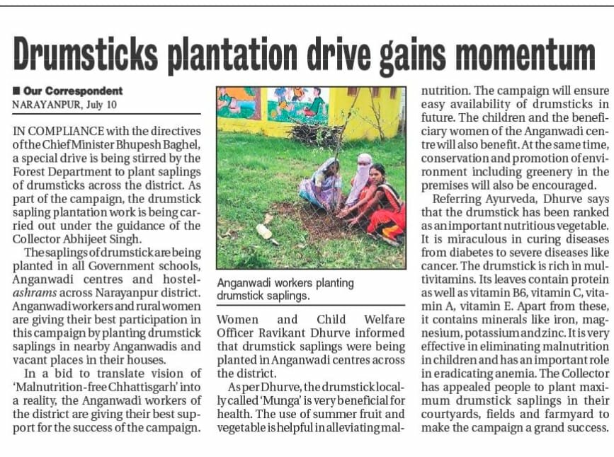 WcdNarayanpur's tweet photo. Drumstick plantation drive gains momentum in Narayanpur. AWWs playing a leading role in the drive.#mediacoverage 
@MinistryWCD @WCDCgGov @POSHAN_Official @SPreraks @MoHFW_INDIA @HealthCgGov @ChhattisgarhCMO @NarayanpurDist @DPRChhattisgarh @NITIAayog @PMOIndia @IFPRISAO @thePHFI https://t.co/tY8IlWr6ao
