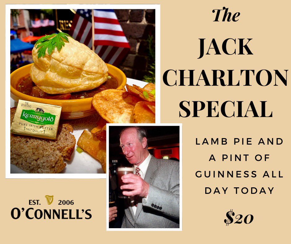 Today all day we are offering our Jack Charlton Special. 
RIP Jack Charlton. 🇮🇪🙏⚽️ only one word says it all.
LEGEND 
#wereallpartofjackiesarmy
#putemunderpressure
#giveitalashjack