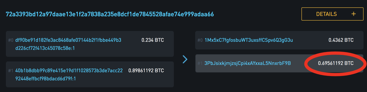 Look at the amount, it is 0.69561192 BTC, which is exactly the same amount as the Input to our original transaction!