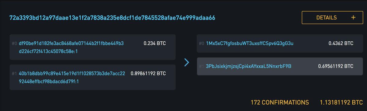 So let's click on that link and see where it takes us!It takes us to a previous transaction...Now take a look at the second Output (Output #1) of this previous transaction... Do you notice anything?