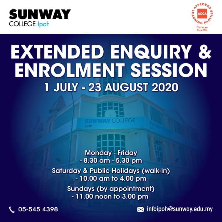 sunwaycol_ipoh's tweet photo. Good news! Extended enrolment & enquiry session in progress.
Come and find out more about our programme offerings.
#SunwayCollegIpoh #EnrolmentinProgress #ExtendedSession #EnquiryandEnrolment #Intake2020
#PathwaytoaBrighterFuture https://t.co/G91kaHzW4l