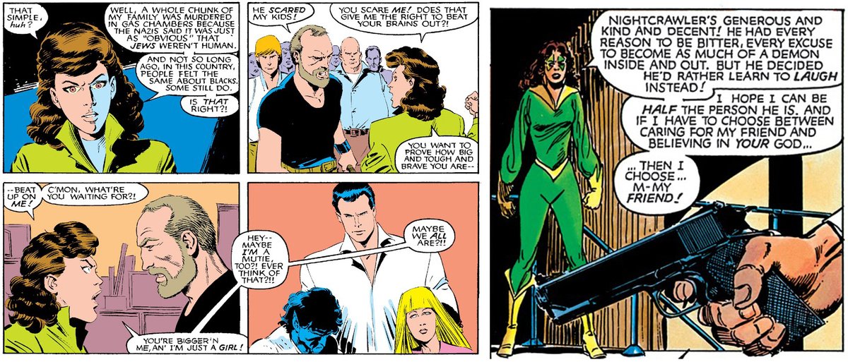 Kitty befriending Kurt becomes symbolic of her developing maturity and social consciousness; her iconic defenses of the mutant cause in Uncanny #210 and God Loves, Man Kills extend from her devotion to Kurt. Relevant to the former: Kitty is Jewish; Kurt is German. 4/8