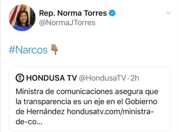 LaVozdeCOPA's tweet photo. Congresista de Estados Unidos,  Norma Torres llama Narco a Juan Orlando Hernández. #NarcoDictadura vivimos en Honduras que persigue a los Defensores y Defensoras de DD.HH y encarcela a defensores de Guapinol y Sector San Pedro en Tocoa Colón.  #FUERAJOH 
#JusticiaYa https://t.co/Zcx2Yf57BN