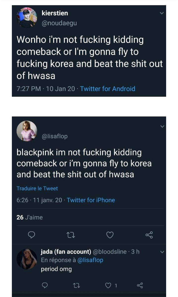 Ha, one more thing, this "trend" of h*ting hwasa and threatening physical harm because people are frustrated about their favs not getting a Comeback, or because charts aren't good....associating the US president with mmm......