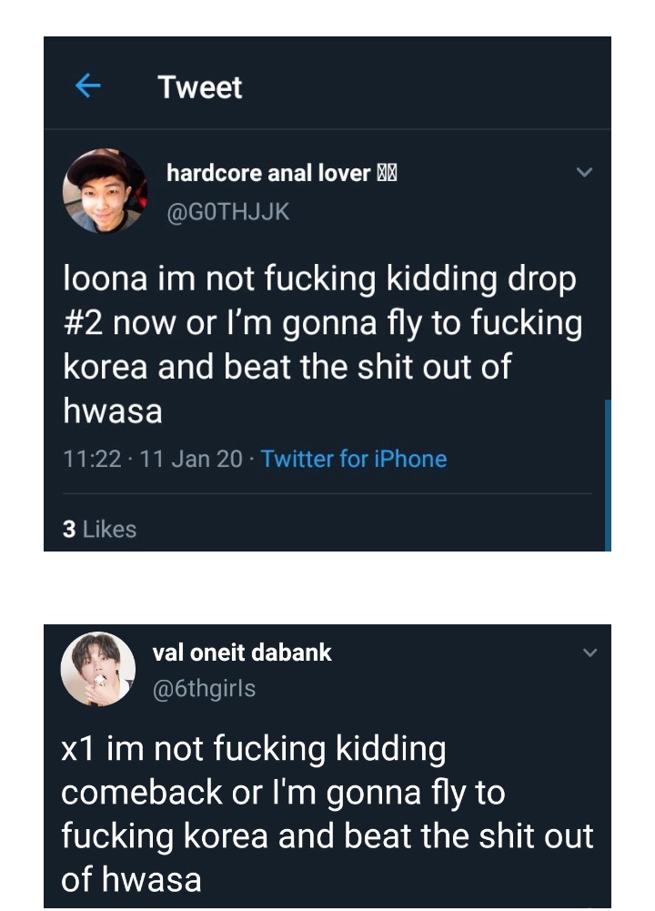 Ha, one more thing, this "trend" of h*ting hwasa and threatening physical harm because people are frustrated about their favs not getting a Comeback, or because charts aren't good....associating the US president with mmm......