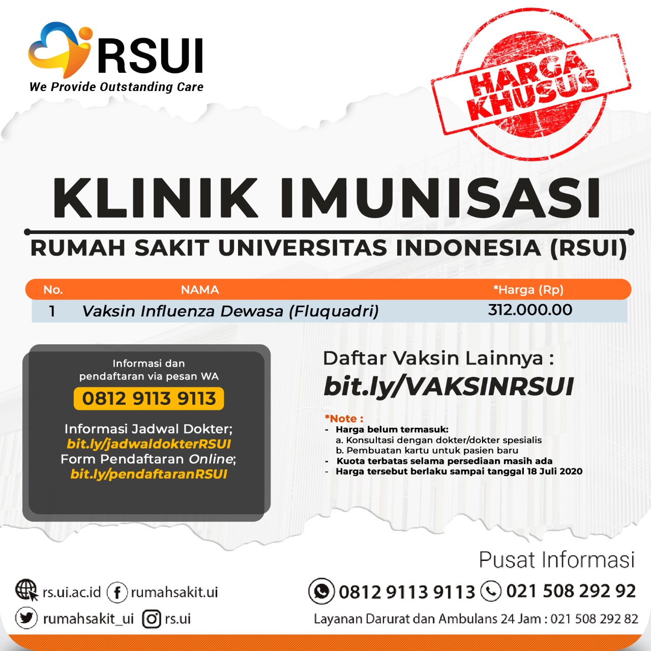 Rumah Sakit Ui On Twitter Vaksin Influenza Harga Khusus Vaksin Influenza Dewasa Fluquadri Rp312 000 Note Harga Belum Termasuk A Konsultasi Dengan Dokter Dokter Spesialis B Pembuatan Kartu Untuk Pasien Baru