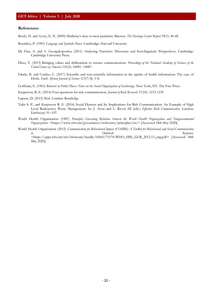 I wrote a short article on the importance of adapting health and risk communication strategies to the local socio-cultural context. May be of interest to some. It's been published in the African Newsletter on Emerging Infectious Diseases &amp; Biosecurity (3) bit.ly/3gUfGAV