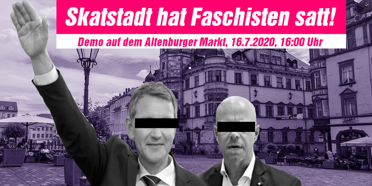 BuendnisABG's tweet photo. Nächsten Donnerstag, 16.07., kommen Höcke und Kalbitz vom extrem rechten AfD-Flügel nach #Altenburg. Das lassen wir nicht unwidersprochen! Supportet uns ab 16 Uhr auf dem Altenburger Markt! Information zur gemeinsamen Anreise von außerhalb folgt. #abg1607 https://t.co/V3XuuR4QMm