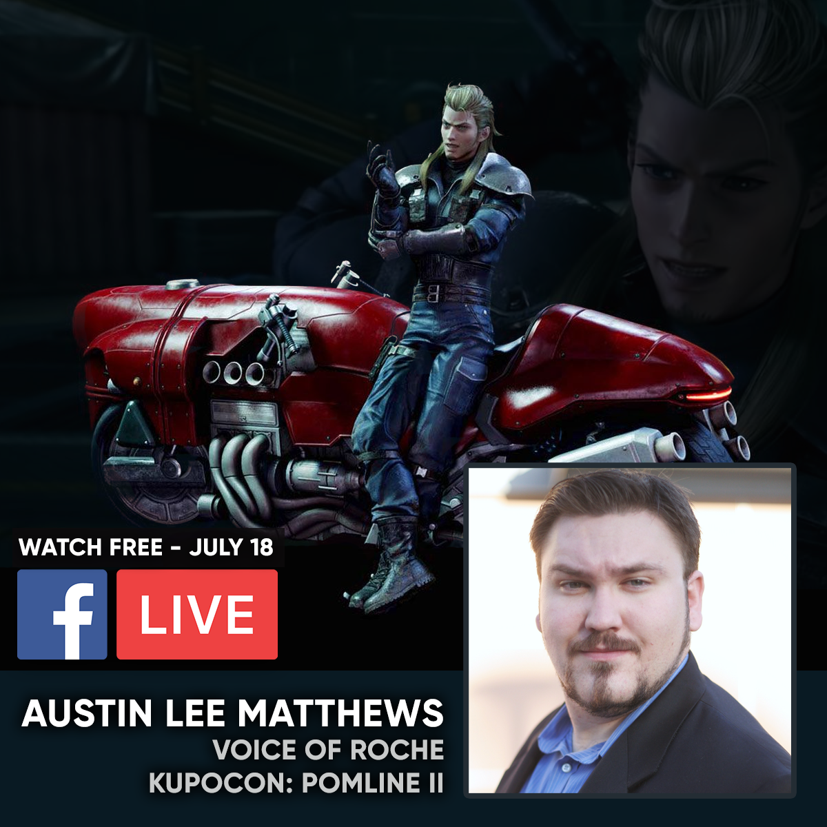 KupoConEN's tweet photo. Announcement! @amtraxVA, the voice of Roche from the FINAL FANTASY 7 Remake will join us for KupoCon: Pomline II on July 18. Watch the event for free! https://t.co/fVZ471ertC #FINALFANTASY #KUPOCON https://t.co/iGpT5pBYZ5