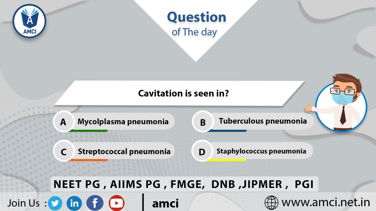 amciedtech's tweet photo. #QuestionOfTheDay
Cavitation is seen in?

(Join our Telegram Channel for daily Medical Pg MCQs 
https://t.co/9pTDgFBo8k)
#FMGE #medicine #MedicalStudents #MedTwitter #MedStudentTwitter #MBBS #doctor #AMCI https://t.co/sZnJeVDTdE