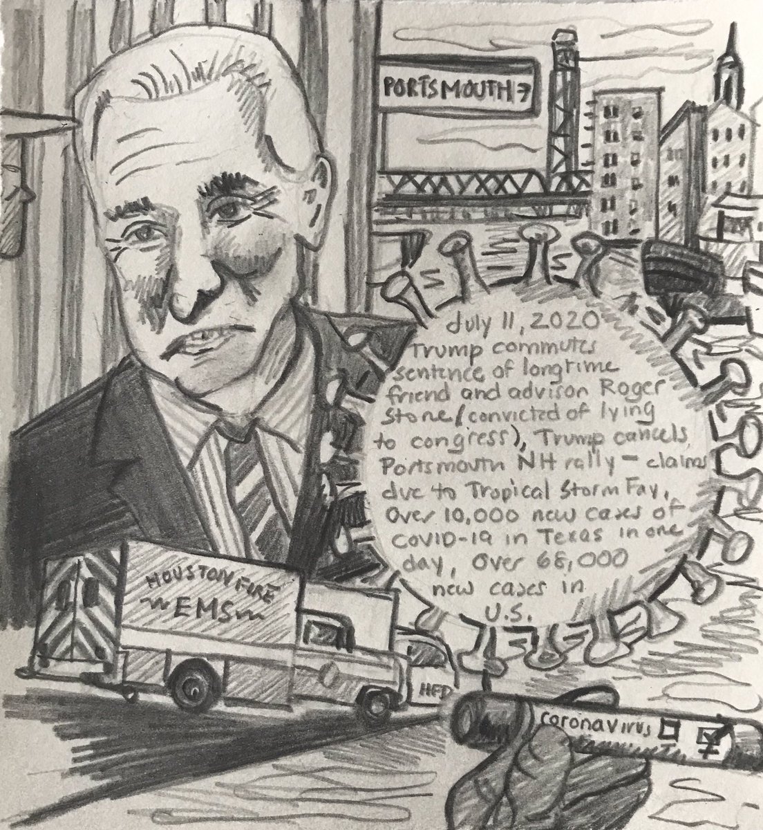 Diary of a Radio Junkie:1694 Days of Waking Up to the News #RogerStone #RogerStoneCommutation #TrumpCommutes #MuellerInvestigagion  #Lying #Portsmouth #NewHampshire #TrumpRallyNH  #coronavirus #COVID_19 #CoronavirusUSA #CoronavirusTexas #TexasCOVID #Houston #drawingoftheday #art